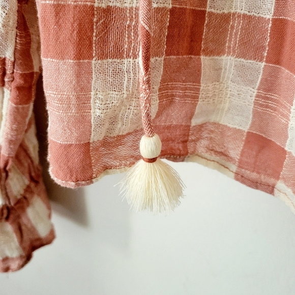 Free People Honey Grove Coral Gingham Plaid Boho Peasant Long Sleeve Blouse XS - Picture 4 of 8